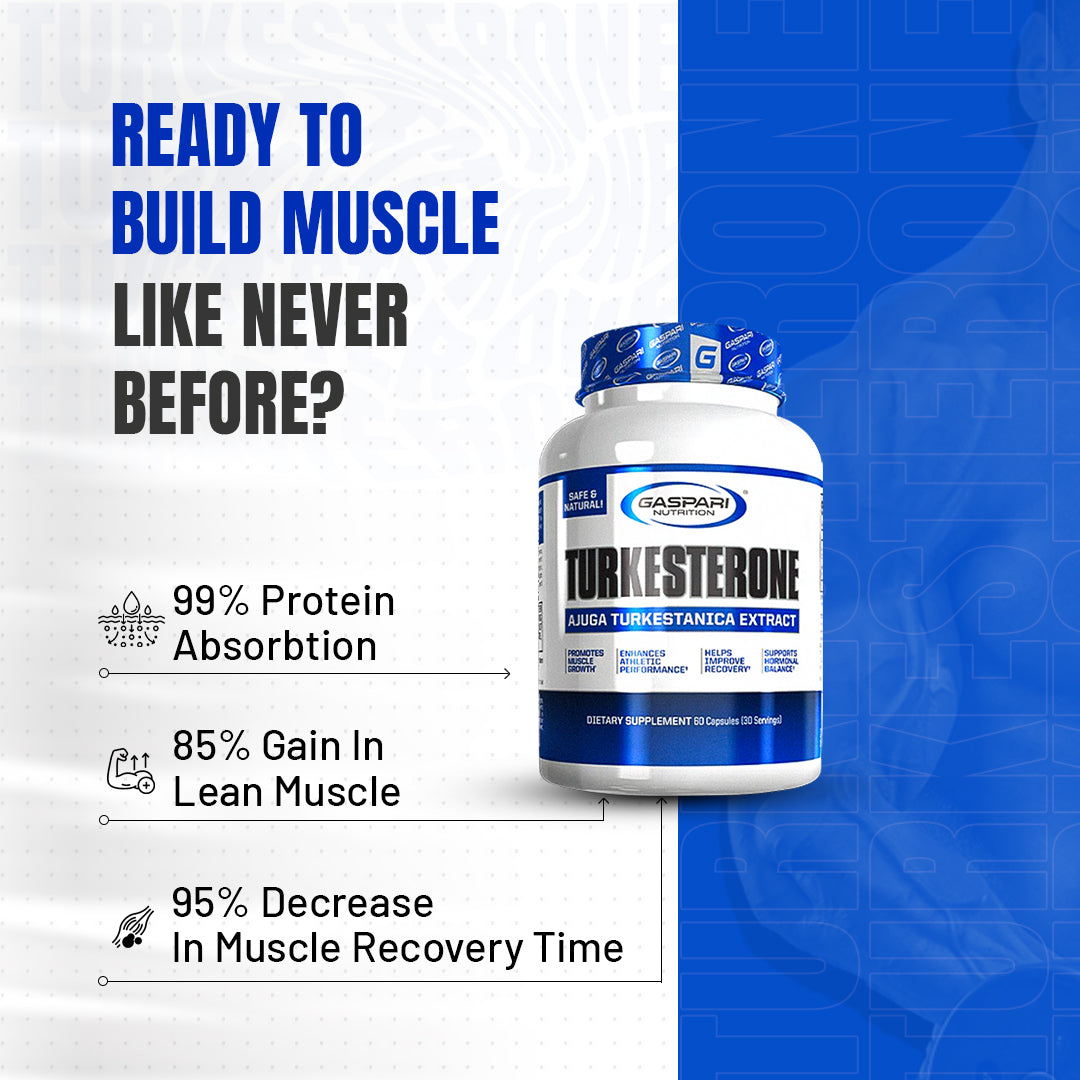 Promotional graphic for Gaspari Nutrition Turkesterone highlighting benefits such as 99% protein absorption and 85% gain in lean muscle, emphasizing muscle growth.