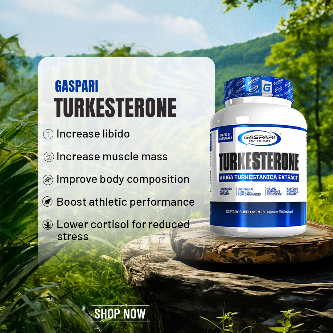 Gaspari Turkesterone supplement bottle in a natural setting, advertising benefits like increased libido and improved body composition.