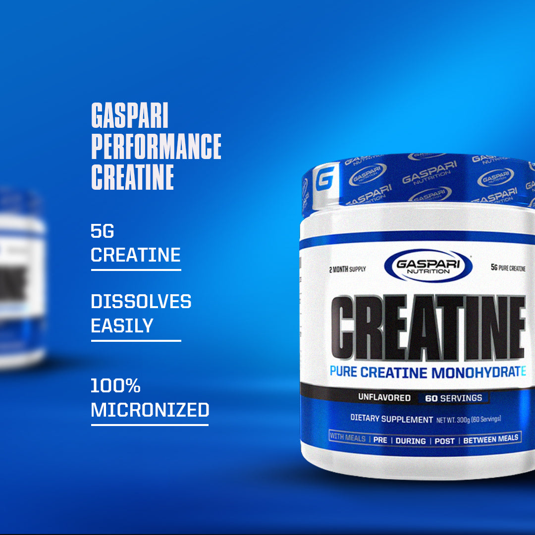 Promotional image highlighting Gaspari Performance Creatine, showcasing the same container with emphasis on '5g CREATINE', 'DISSOLVES EASILY', and '100% MICRONIZED' against a blue background.