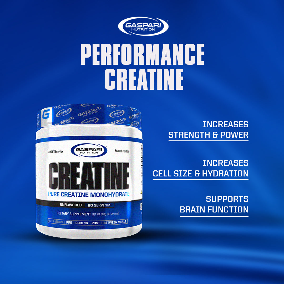 Stunning graphic of Gaspari Nutrition Performance Creatine highlighting its benefits: 'INCREASES STRENGTH & POWER', 'INCREASES CELL SIZE & HYDRATION', and 'SUPPORTS BRAIN FUNCTION', set on a vibrant blue backdrop.
