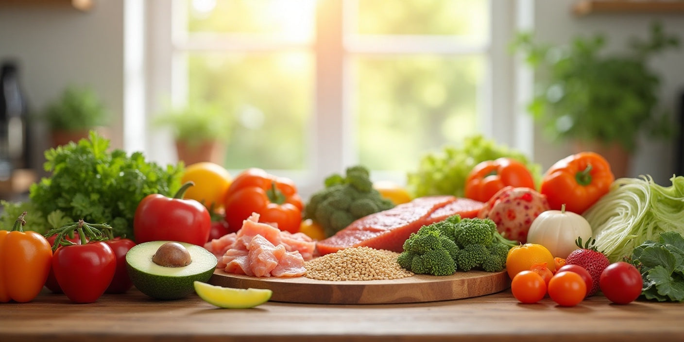 This image of fresh ingredients like chicken, avocado, and vegetables represents a balanced diet with an emphasis on whole foods. 