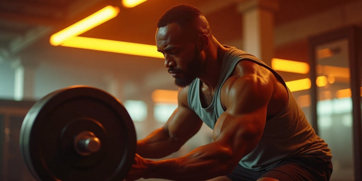 A man is lifting weights in a dynamic gym setting with strong focus and determination, emphasizing his commitment to strength and physical endurance.