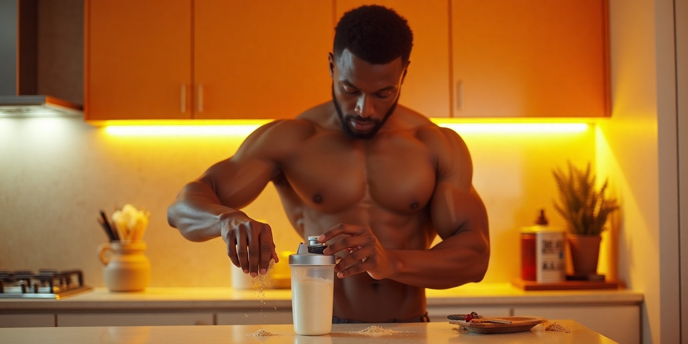 The man is preparing a protein shake in a cozy kitchen, demonstrating his commitment to fitness and nutrition while adding ingredients to a shaker bottle.