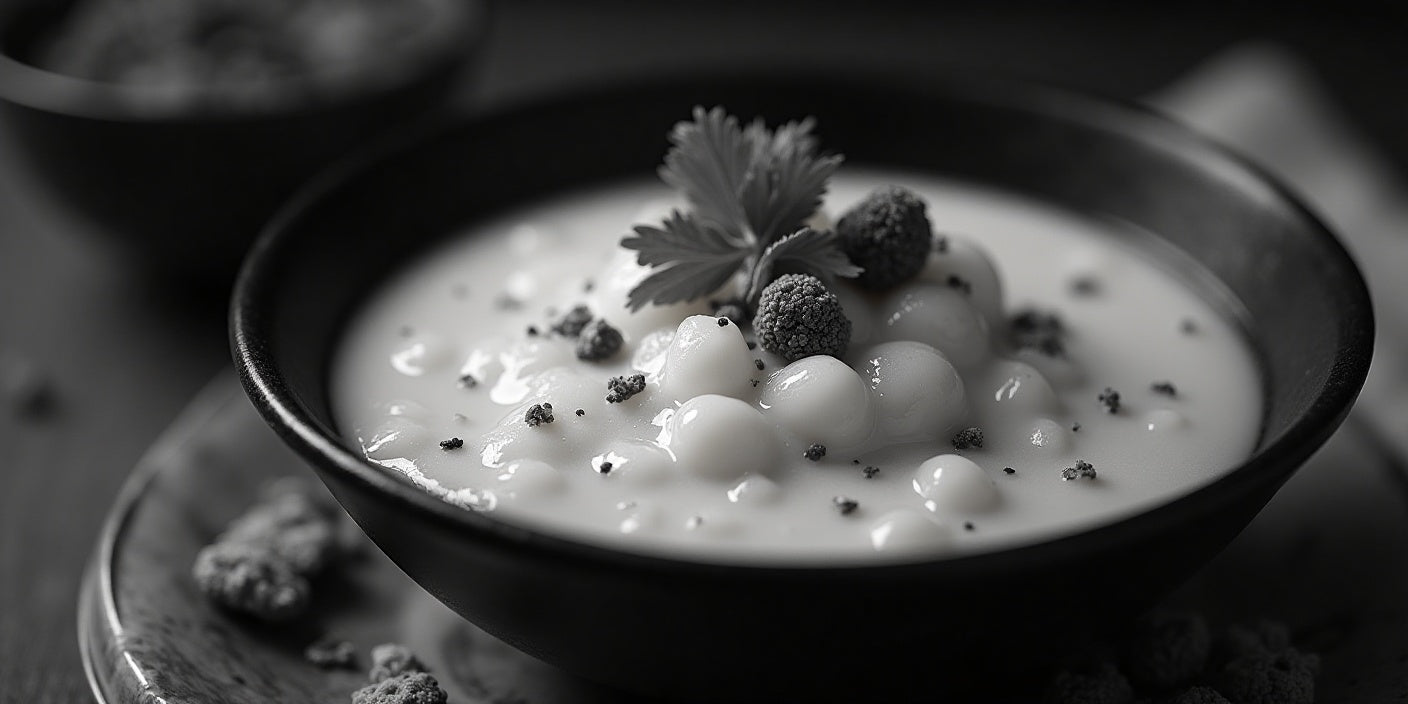 A minimalist bowl of high-protein rice pudding is topped with blackberries and herbs, served in a moody, monochrome tone.