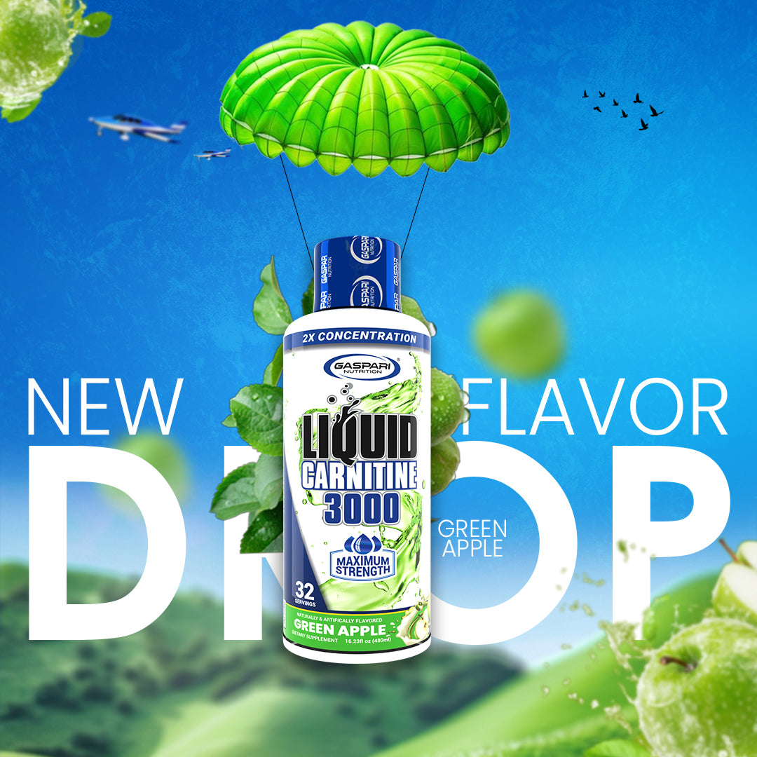 Promotional image for Liquid Carnitine 3000 Green Apple flavor, featuring a bottle with a parachute effect, designed to highlight the new flavor.