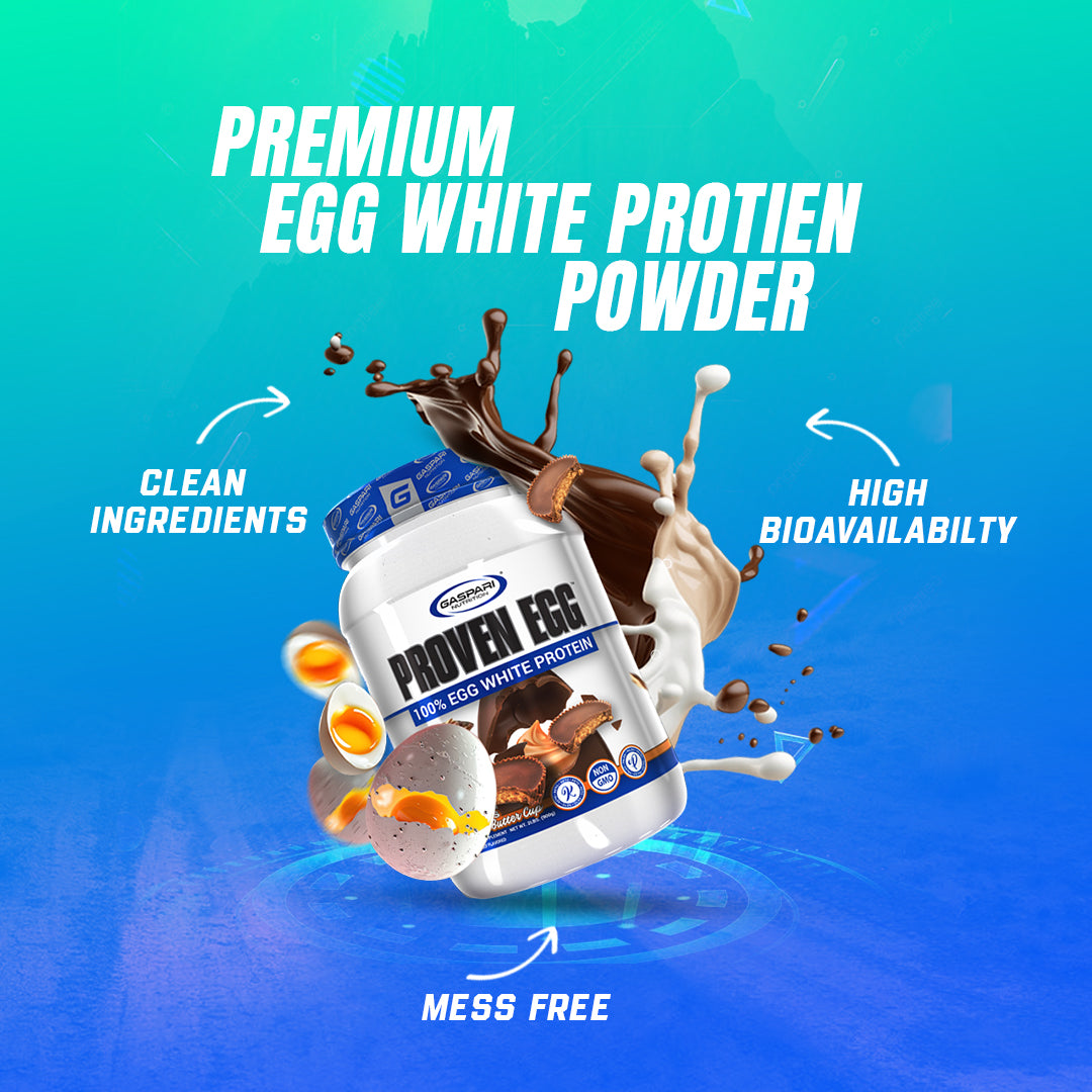Promotional image featuring Proven Egg 100% Egg White Protein with a splash of chocolate, highlighting its clean ingredients and mess-free use.
