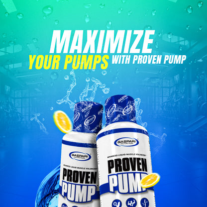 Promotional graphic for Proven Pump highlighting its benefits: maximize pumps, featuring a colorful water and gym-themed background.