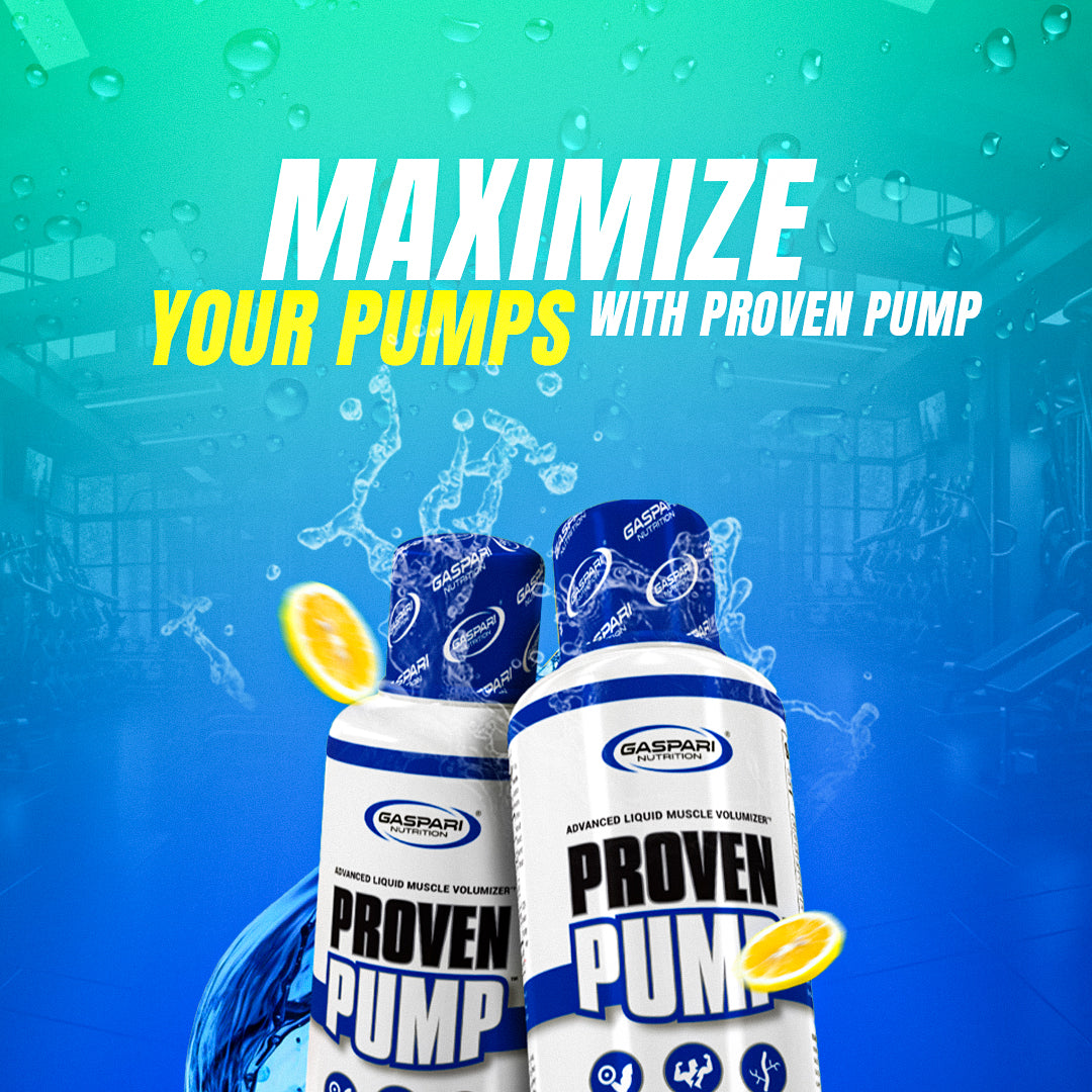 Promotional graphic for Proven Pump highlighting its benefits: maximize pumps, featuring a colorful water and gym-themed background.
