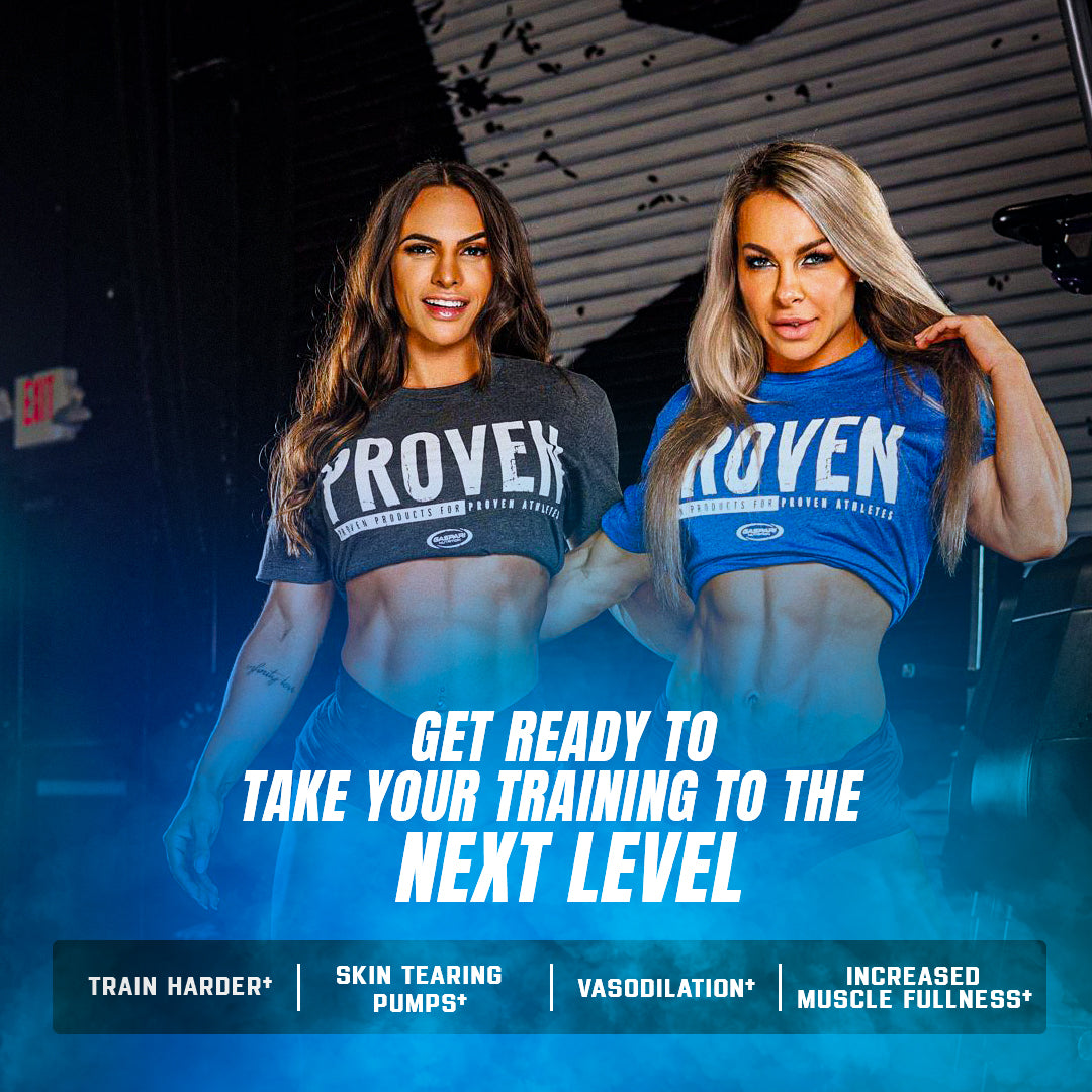 Two fitness models showcasing their toned physiques in a gym setting while wearing Proven branded shirts, promoting the Proven Pump product.