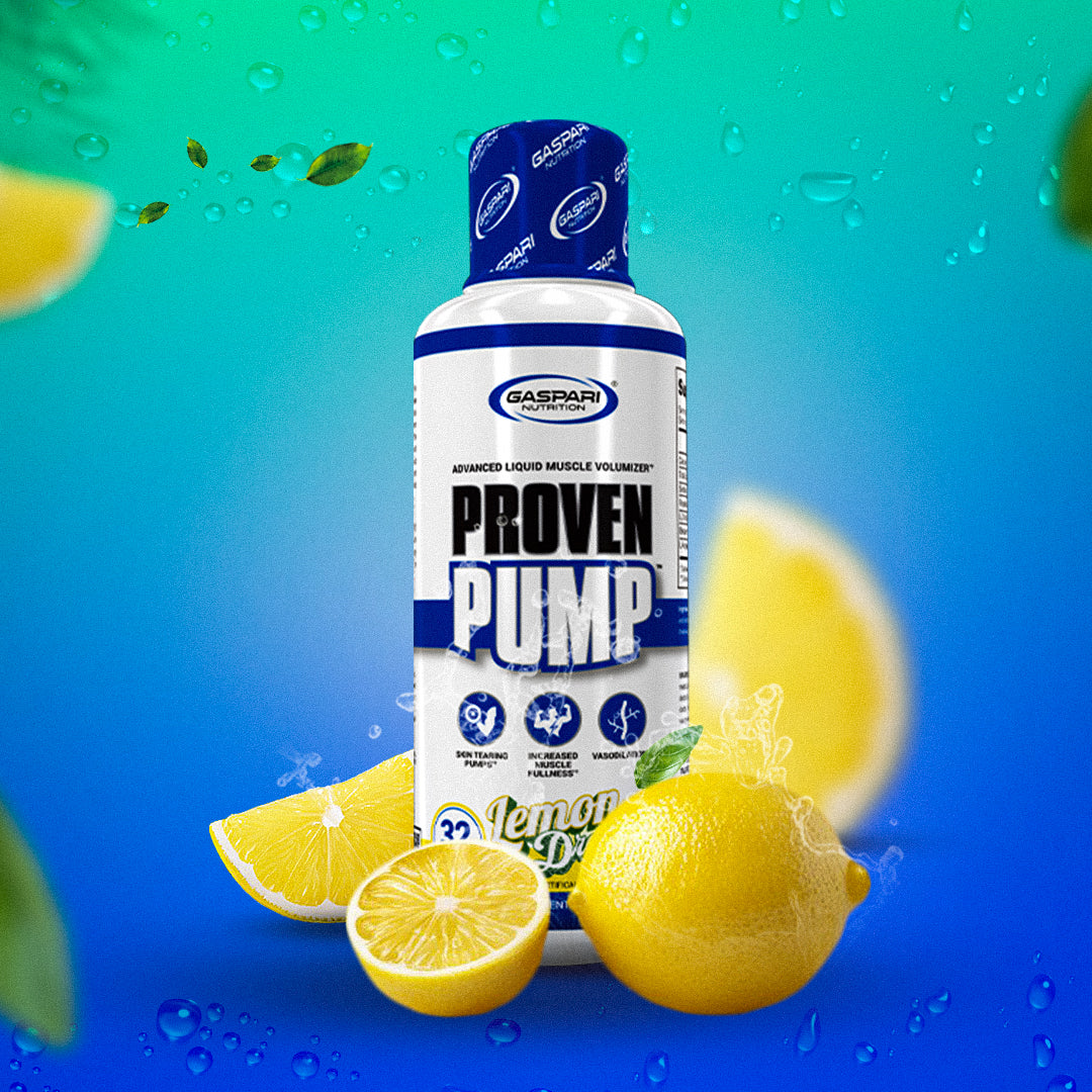 Aesthetic image of the Proven Pump supplement bottle with sliced lemons in a refreshing blue background, emphasizing its lemon drop flavor.