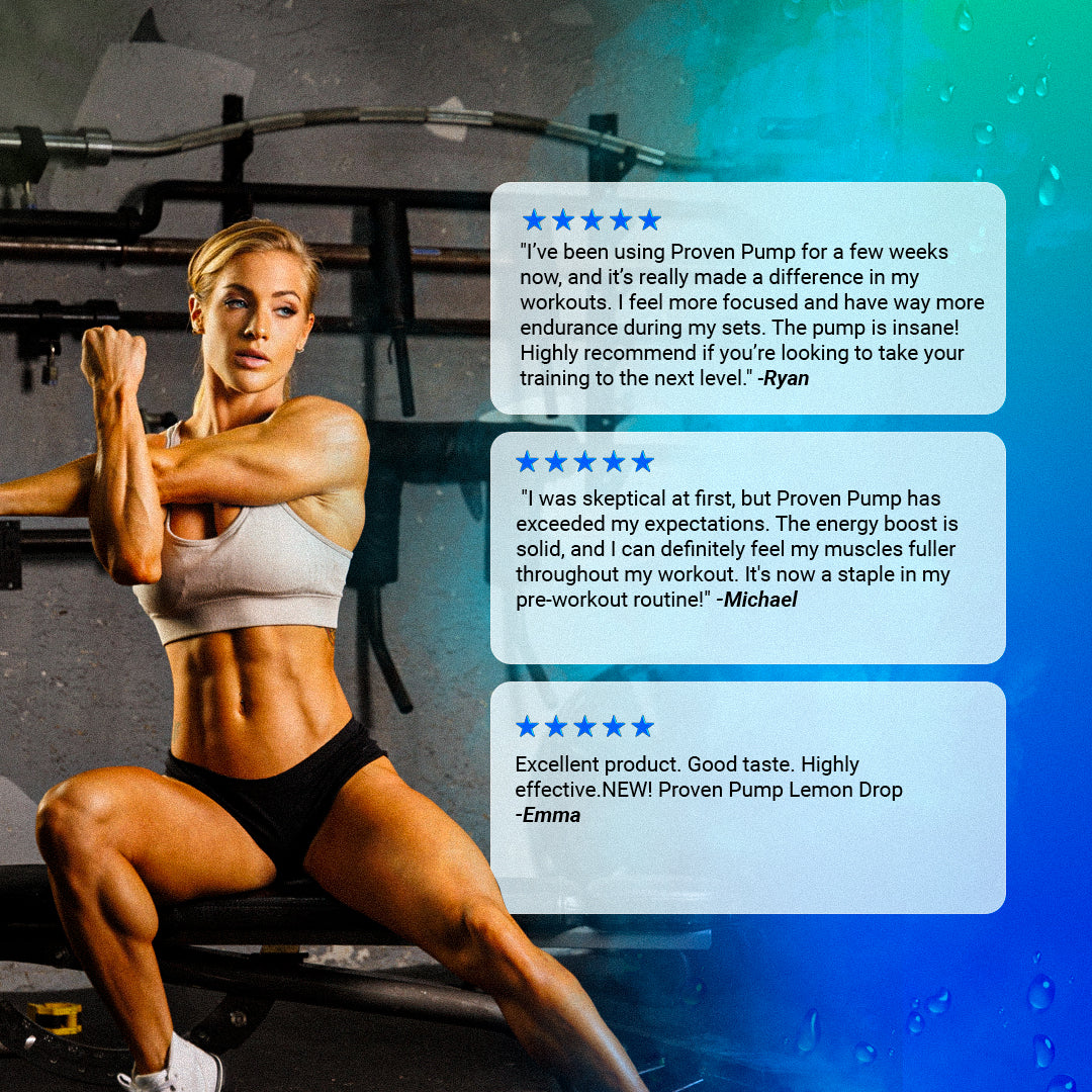 Review graphic showcasing customer testimonials about Proven Pump's effectiveness and taste, with an engaging fitness background.