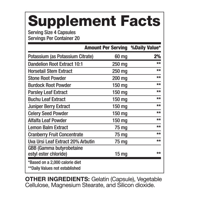 Supplement facts label for Gaspari Nutrition Proven Diuretic, detailing ingredients such as dandelion root extract, horsetail stem extract, and dosage recommendations. Provides nutritional information per serving for a dietary supplement.