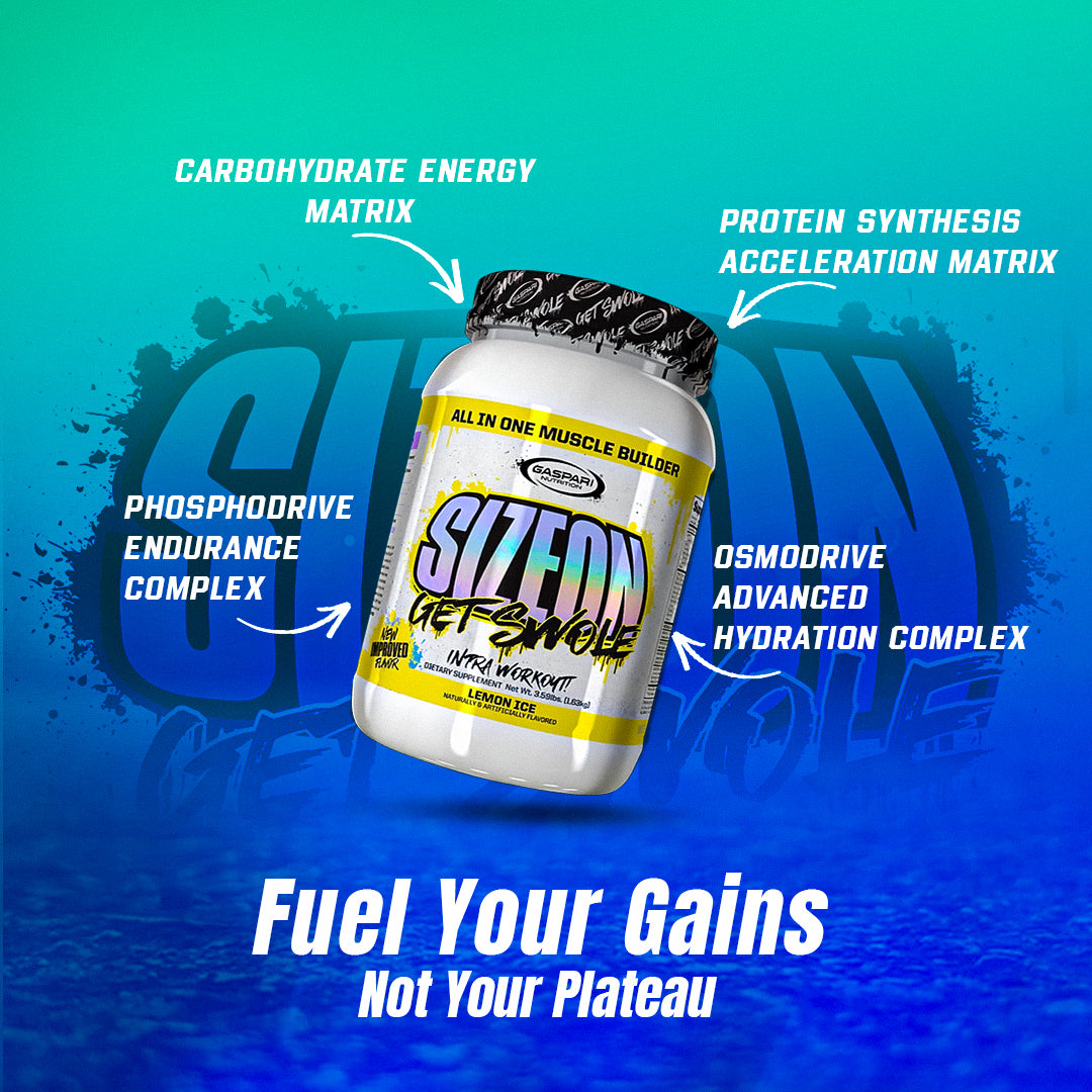 Eye-catching promotional image for Gaspari Nutrition SizeOn with vibrant colors and text emphasizing athletic performance and muscle gains.