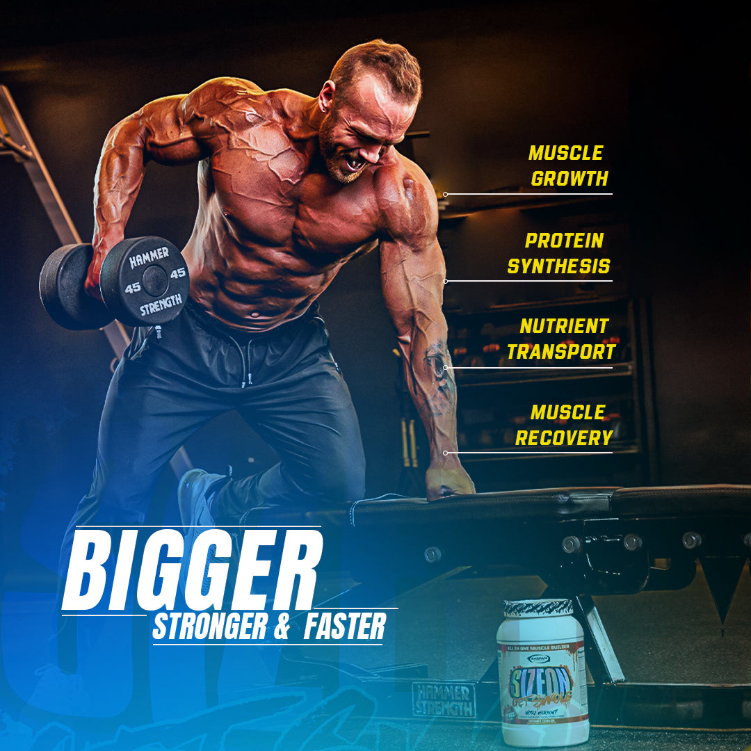 Fitness model lifting weights with a dumbbell while showcasing muscle growth and strength benefits associated with Gaspari Nutrition SizeOn.