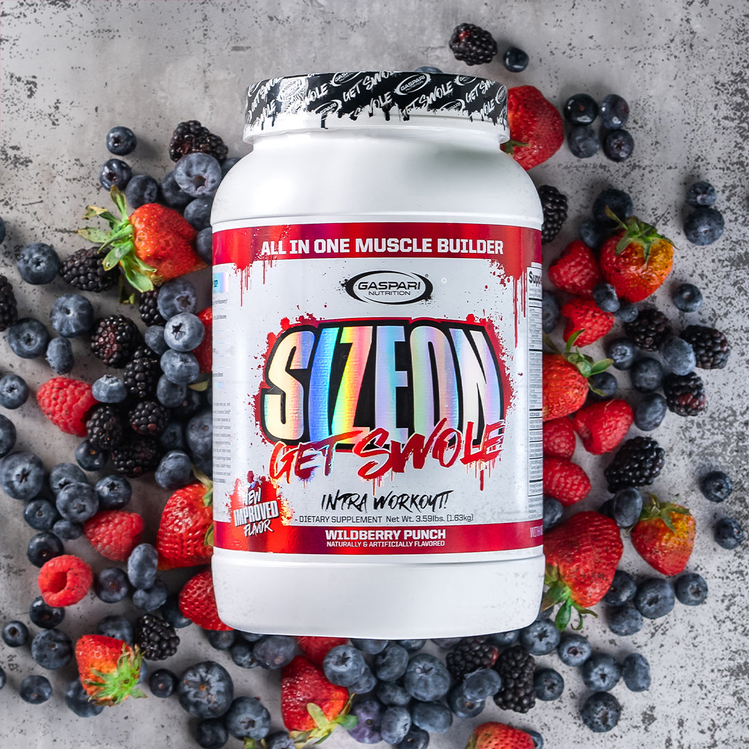 Close-up of Gaspari Nutrition SizeOn container on a colorful background, showcasing its ingredients and flavor profile.