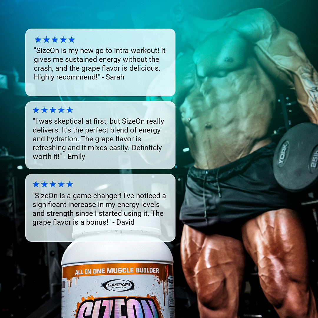 Athlete providing a testimonial about Gaspari Nutrition SizeOn effects on performance, with the product prominently displayed.