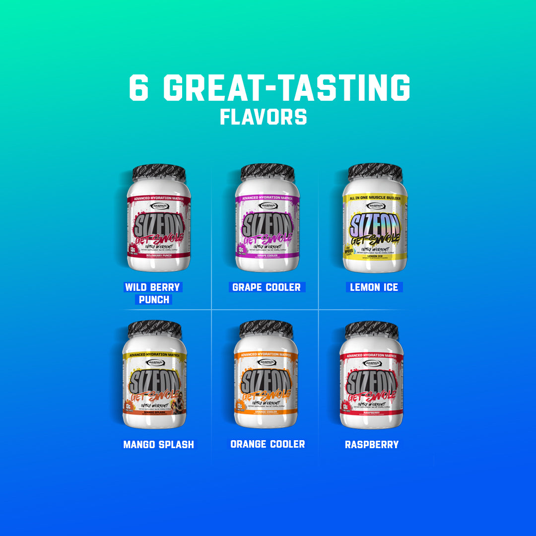 Display of different flavors of Gaspari Nutrition SizeOn supplement containers, highlighting the variety available to customers.