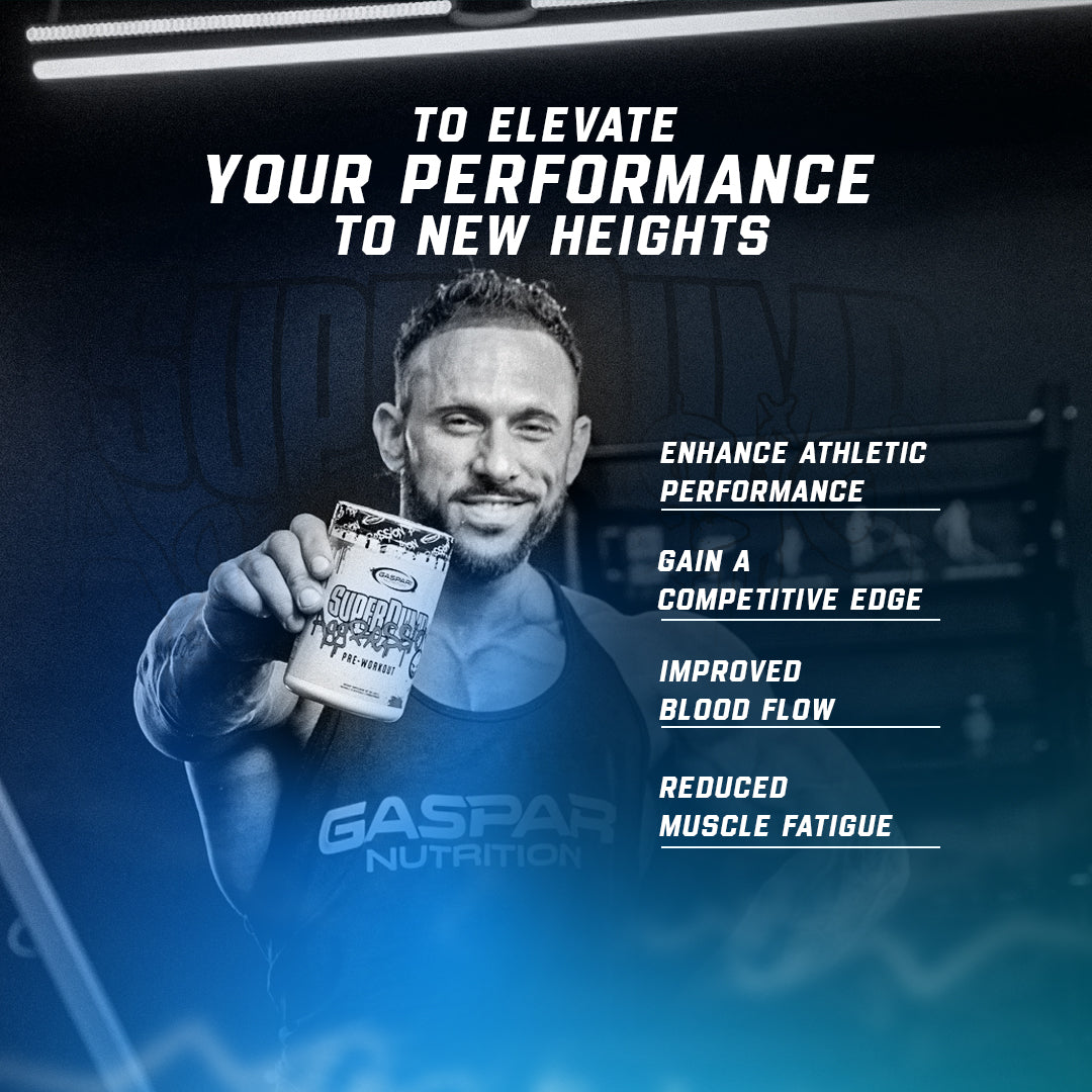 Promotional image highlighting the performance benefits of SuperPump Aggression, with a model holding the product and text emphasizing athletic performance enhancements.