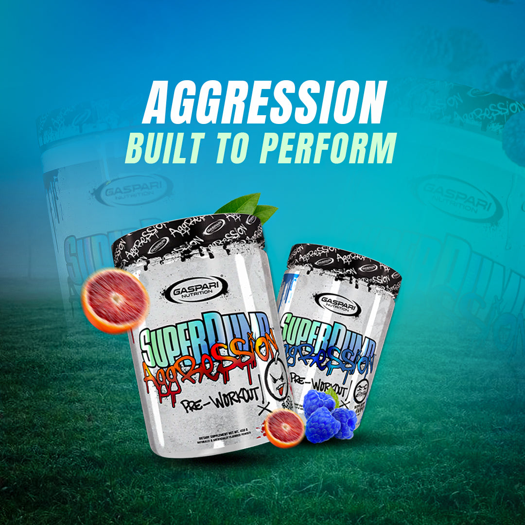 Gaspari Nutrition Super Pump Aggression pre-workout containers with "Blood Orange" and "Blue Raspberry" flavors and the tagline "Aggression Built to Perform."
