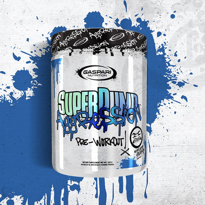 Gaspari Nutrition Super Pump Aggression pre-workout container with graffiti-style design and "Berry Lemonade" flavor.