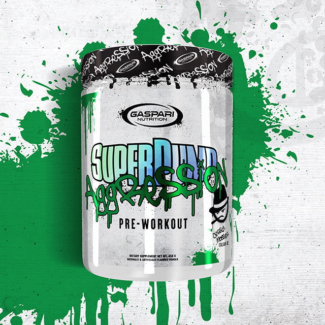 Gaspari Nutrition Super Pump Aggression pre-workout container with graffiti-style design and "Cucumber Lime" flavor.