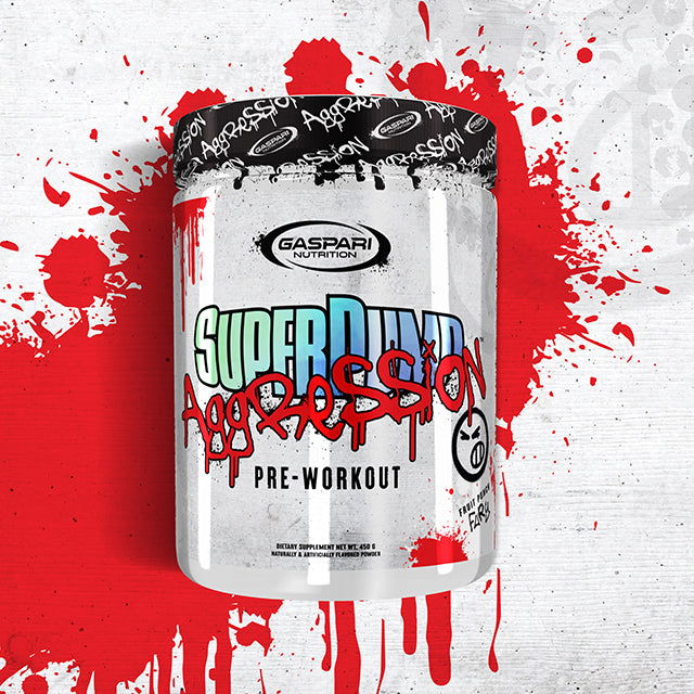 Gaspari Nutrition Super Pump Aggression pre-workout container with graffiti-style design and "Fruit Punch" flavor.