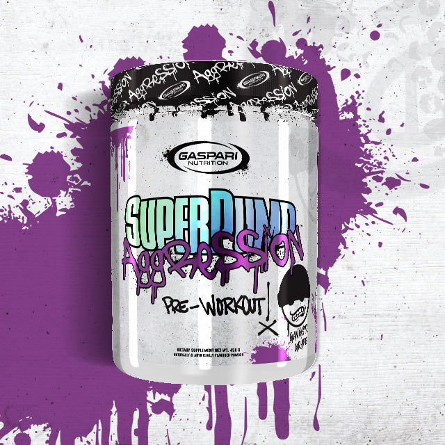 Gaspari Nutrition Super Pump Aggression pre-workout container with graffiti-style design and "Grape" flavor.