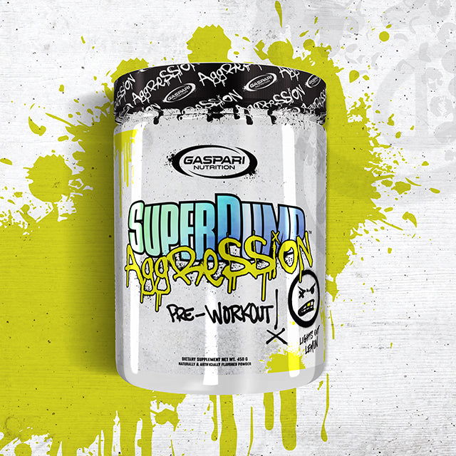 Gaspari Nutrition Super Pump Aggression pre-workout container with graffiti-style design and "Lemon" flavor.