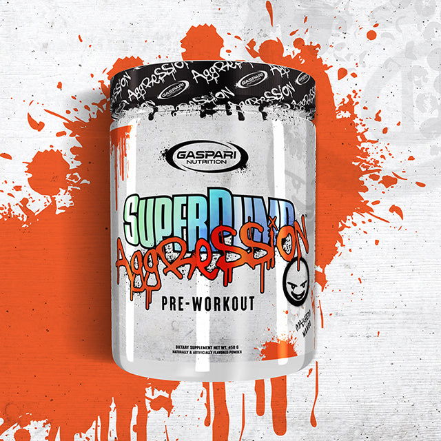 Gaspari Nutrition Super Pump Aggression pre-workout container with graffiti-style design
