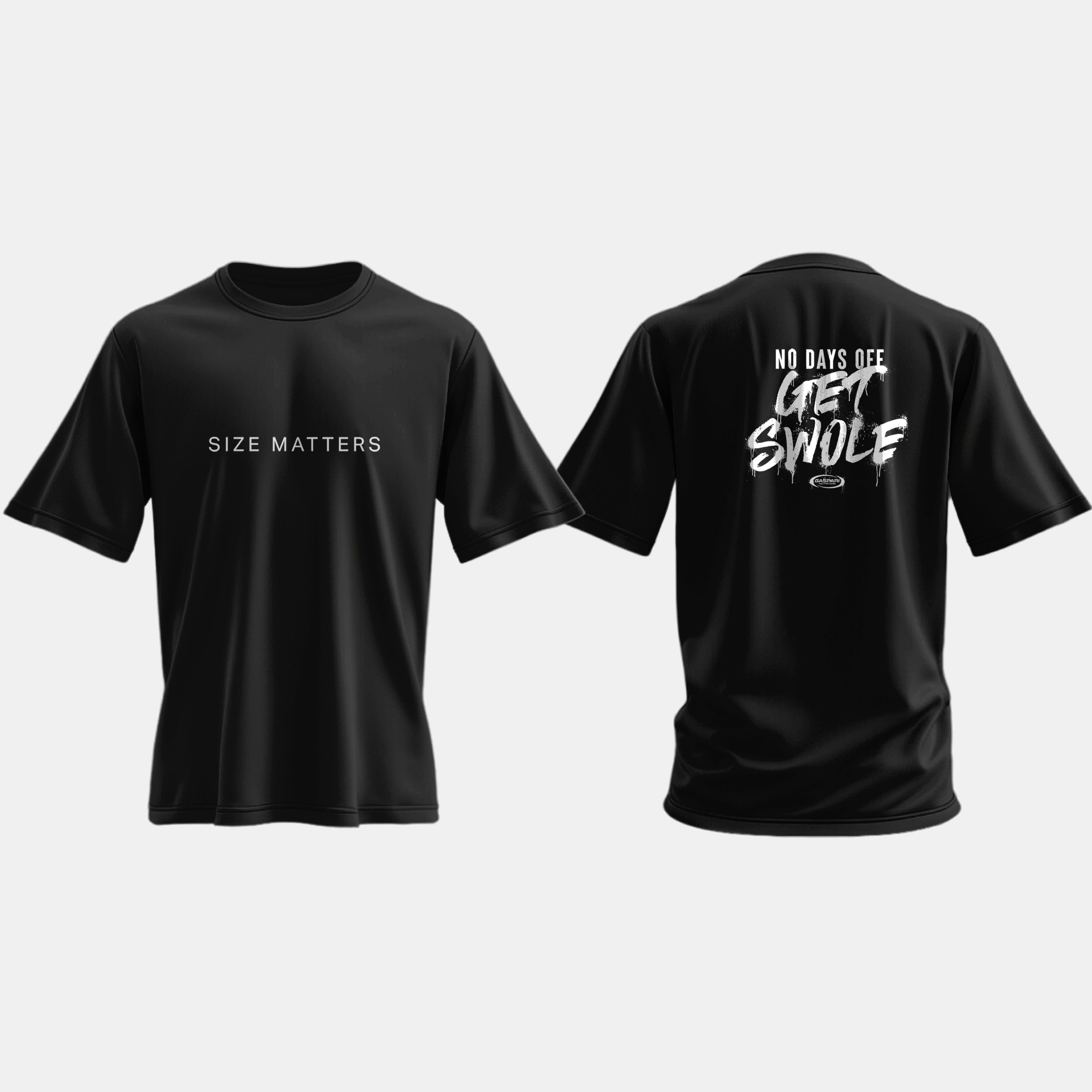 Front and back view of a black oversized t-shirt featuring the text 'Size Matters' on the front and 'No Days Off - Get Swole' on the back, perfect for gym sessions and casual wear.