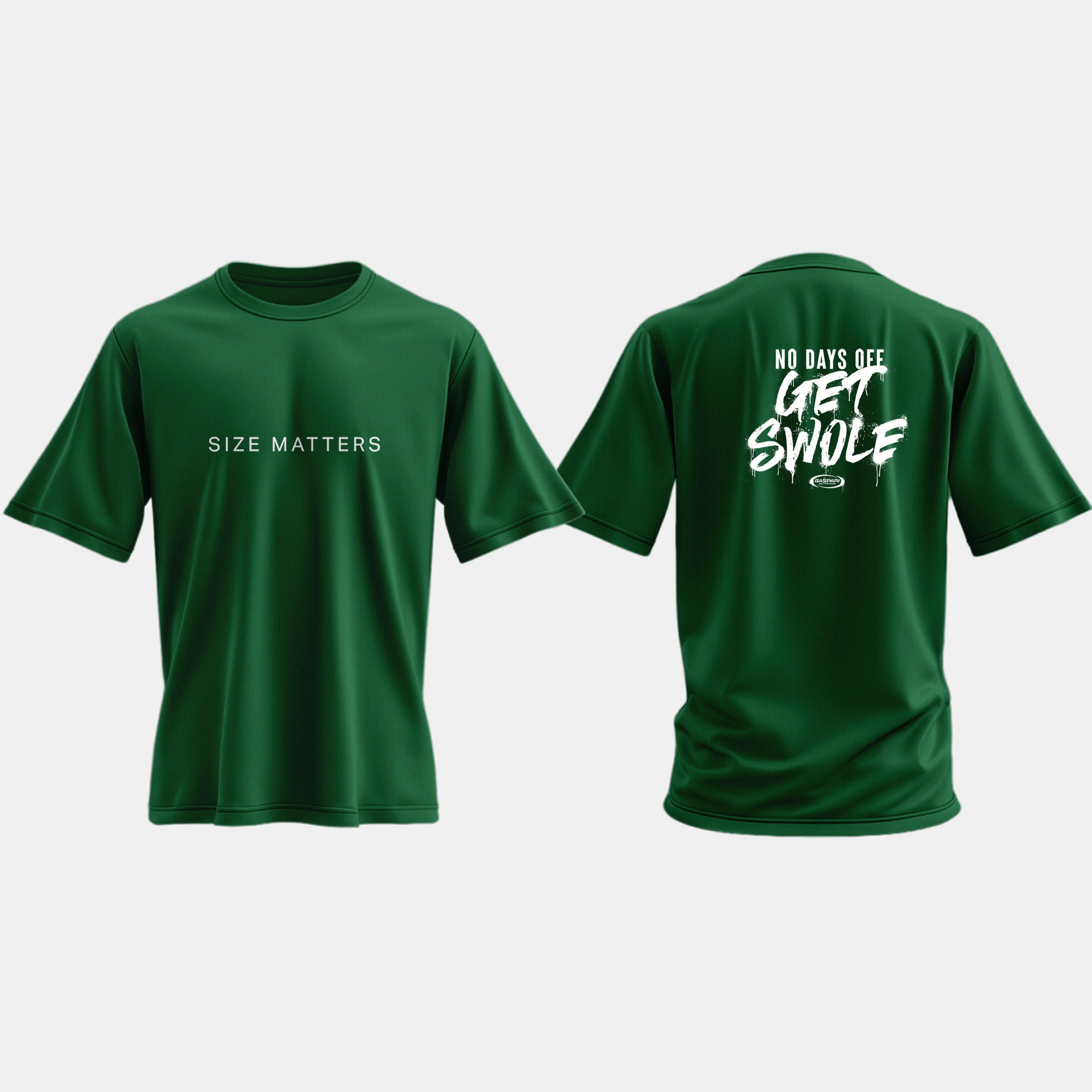 Front and back view of a green oversized t-shirt showcasing the phrase 'Size Matters' on the front and 'No Days Off - Get Swole' on the back, ideal for fitness enthusiasts.