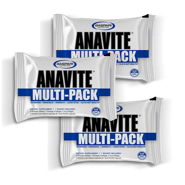Anavite Multi-Pack samples featuring three packets labeled with the Gaspari Nutrition logo, showcasing vitamins, minerals, Omega-3, Liver DTOX, CLA, and gut health support.