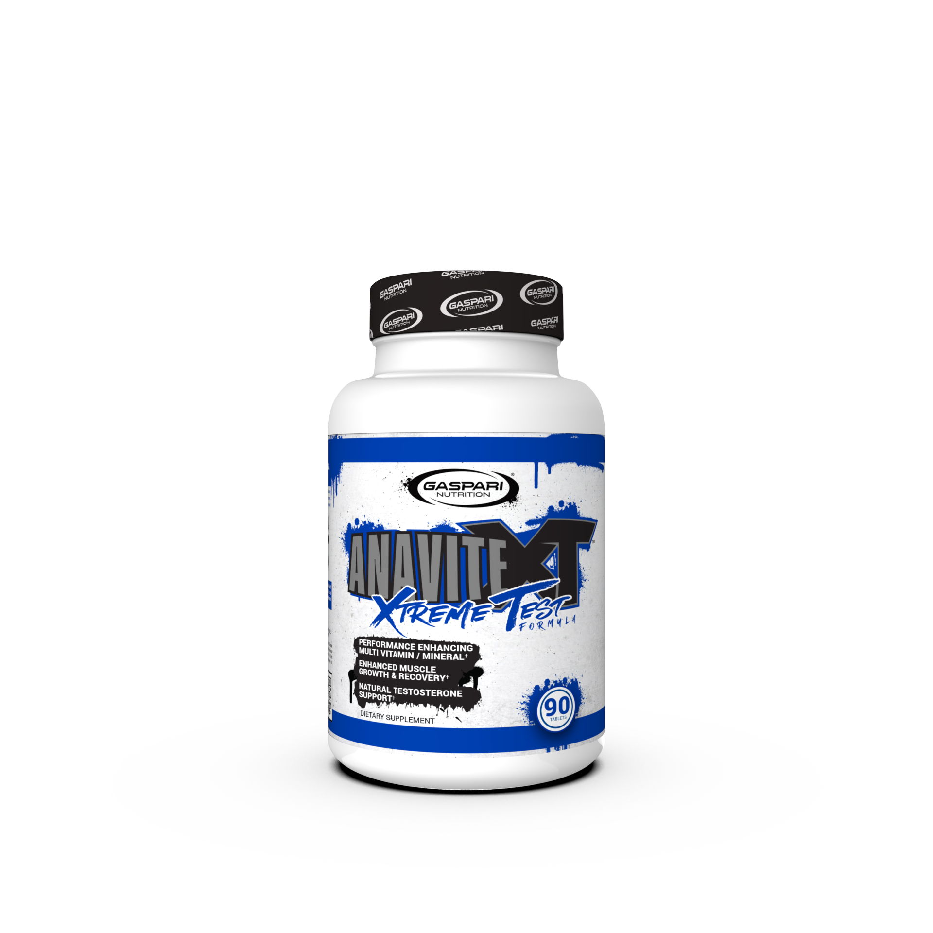 Anavite XT supplement bottle by Gaspari Nutrition, showcasing a sleek white container with bold blue and black design elements, clearly labeled 'Anavite XT Extreme Test'.