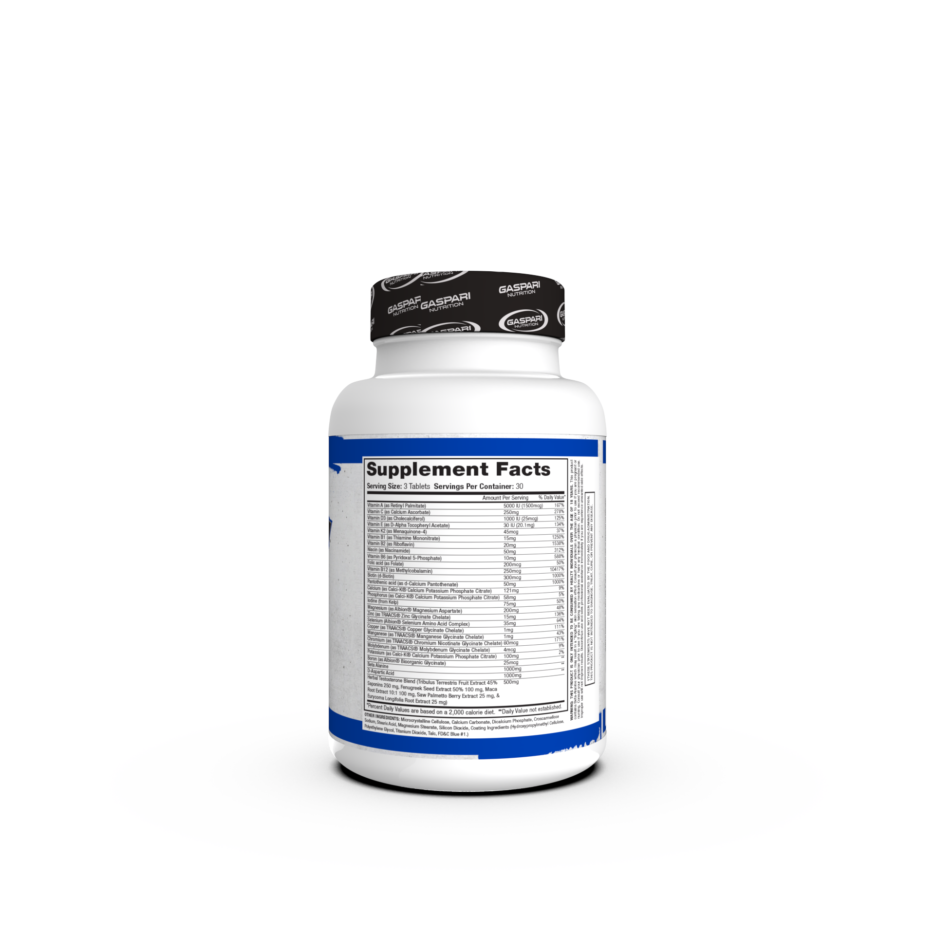 Back view of the Anavite XT supplement bottle highlighting the supplement facts and nutritional information prominently listed on a white background.