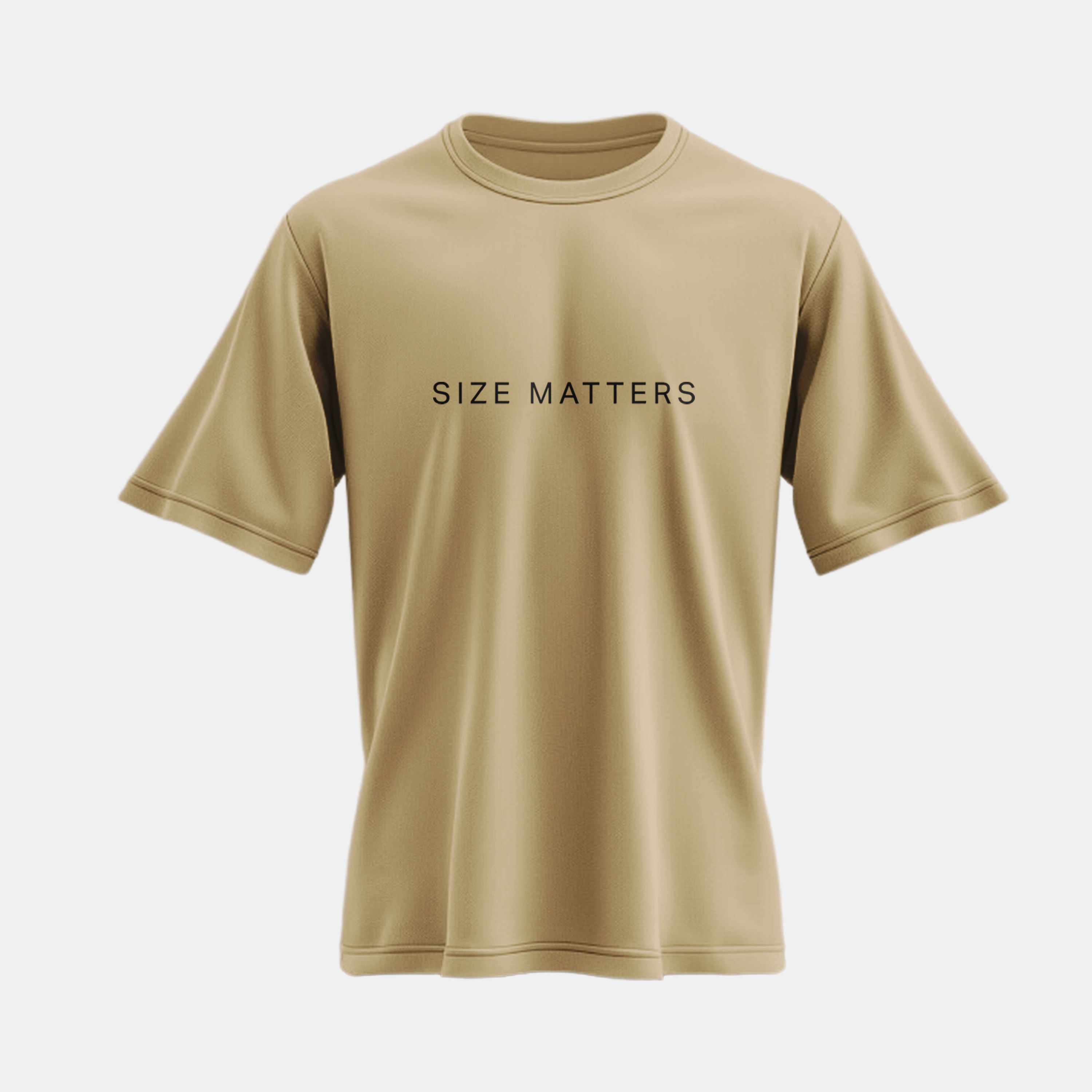 Front view of a beige oversized t-shirt displaying the text 'Size Matters', made from breathable fabric for a comfortable fit.