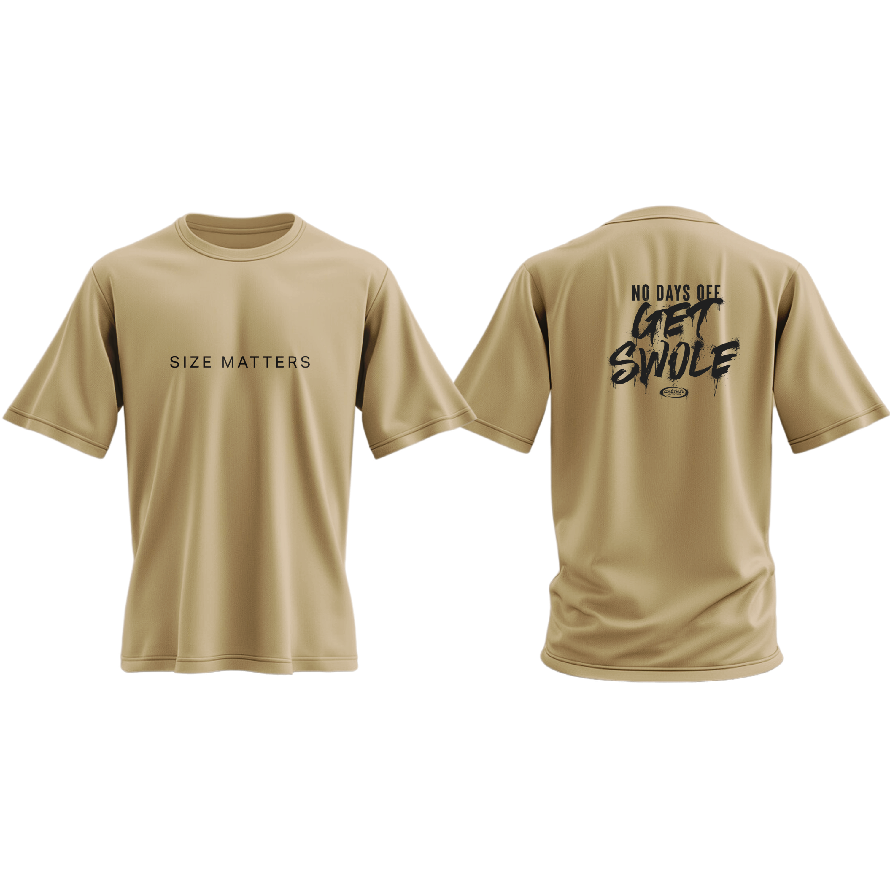 Front and back view of a beige oversized t-shirt with the text 'Size Matters' on the front and 'No Days Off - Get Swole' on the back, designed for comfort and performance.