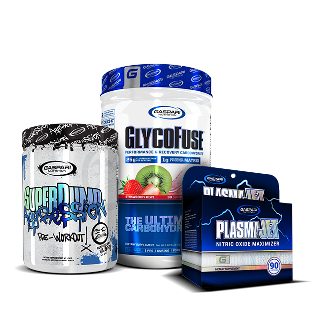 Three supplement products from Gaspari Nutrition: SuperPump Aggression pre-workout, GlycoFuse performance carbohydrate, and PlasmaJet nitric oxide maximizer, displayed together on a white background.