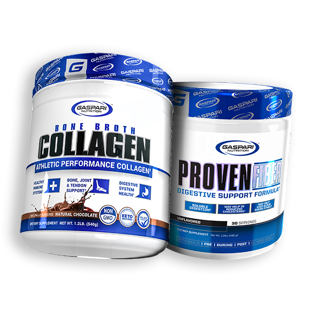 Digestive Aid Stack featuring Gaspari Nutrition's Bone Broth Collagen and Proven Fiber in natural chocolate flavor, highlighting support for digestive health and athletic performance.