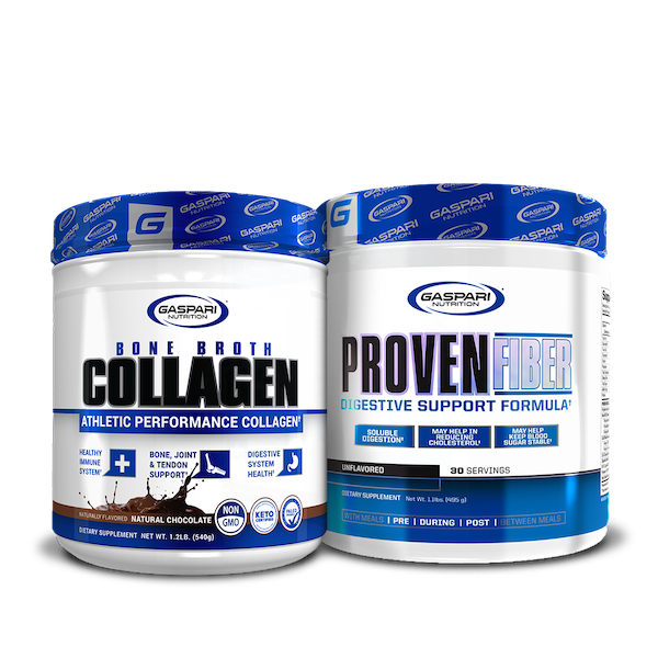 Gaspari Nutrition's Bone Broth Collagen and Proven Fiber stack in unflavored variants, showcasing dietary supplements for digestive support and joint health.