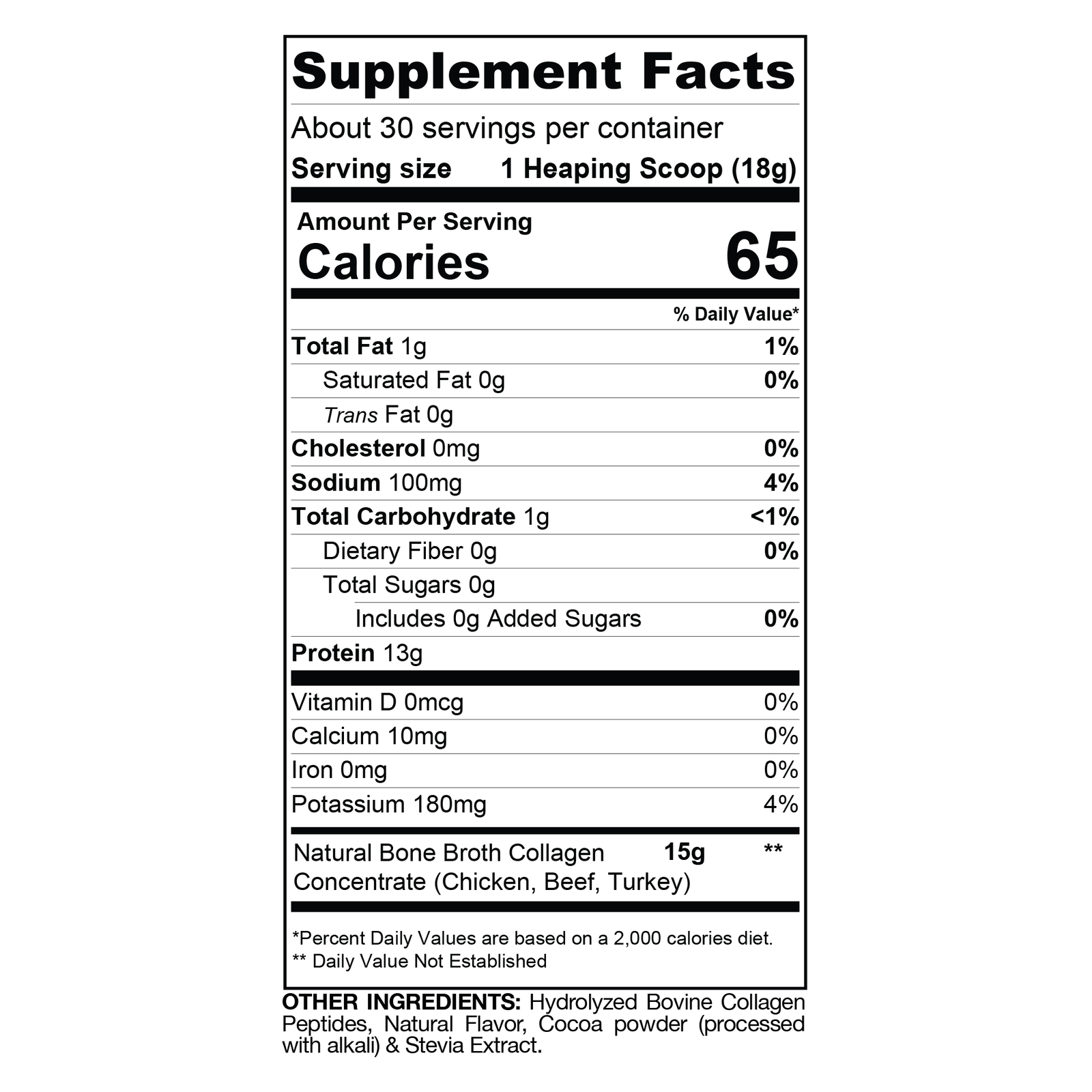 Nutritional supplement facts label for Gaspari Nutrition's Bone Broth Collagen, detailing calories, macronutrients, and ingredients per serving.