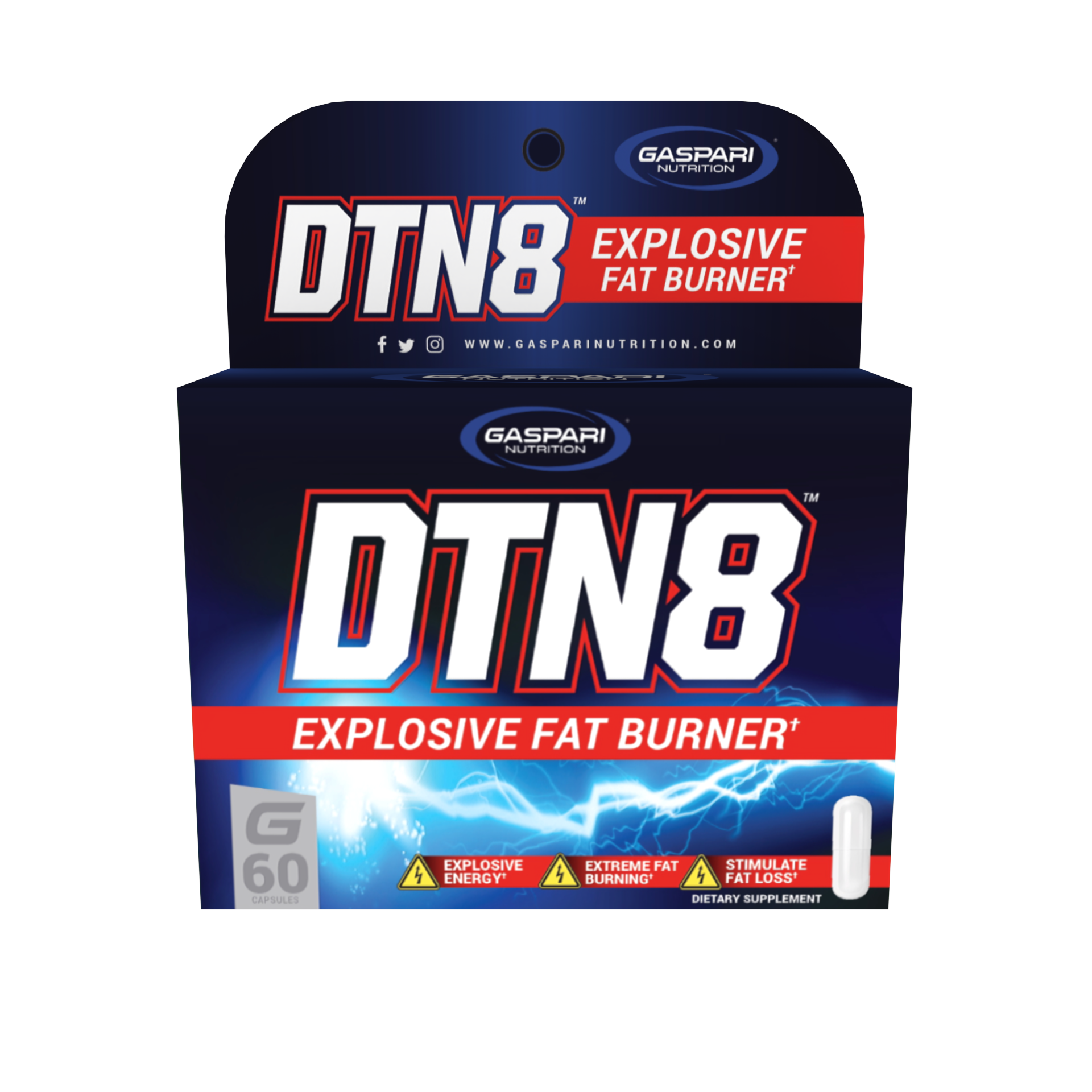 DTN8 Explosive Fat Burner by Gaspari Nutrition showcasing bold packaging with vibrant colors and key benefits listed on the front.