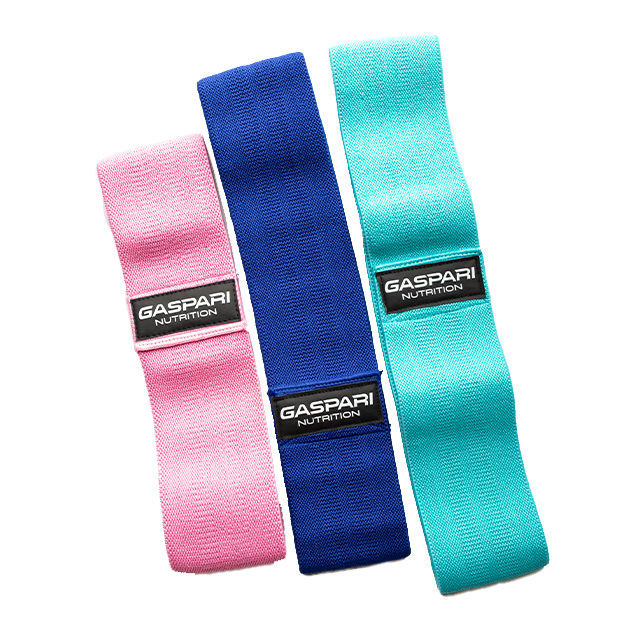 Set of three Gaspari Booty Bands in pink, blue, and teal. Perfect gym accessory for glute training.