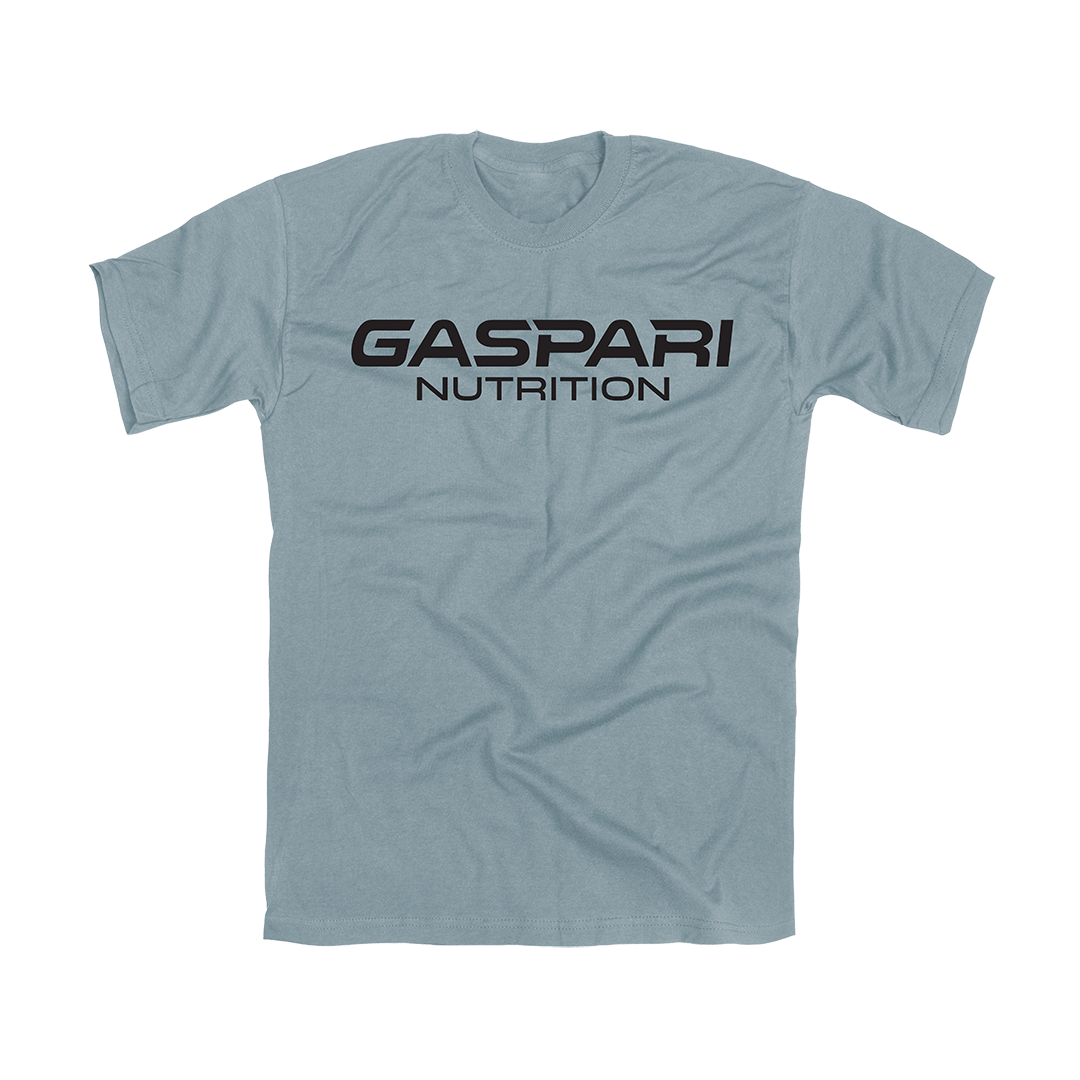Steel blue Gaspari Nutrition t-shirt featuring bold black lettering, perfect for gym enthusiasts and casual wear.