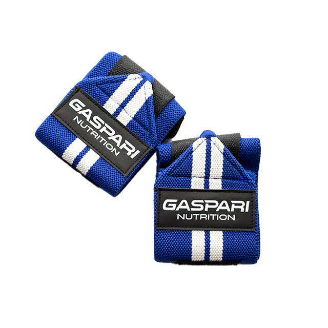Pair of blue Gaspari Nutrition wrist wraps featuring black and white detailing, designed for gym support and fitness activities.