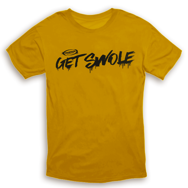 Casual yellow t-shirt featuring the phrase 'GET SWOLE' in bold black lettering, designed for fitness enthusiasts by Gaspari Nutrition.