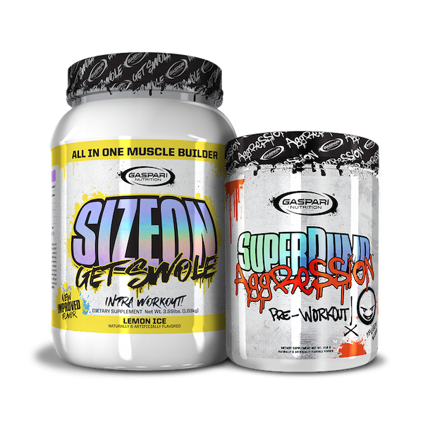 Showcasing Get Swole Stack, featuring SizeOn and SuperPump Aggression by Gaspari Nutrition.