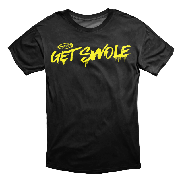 Men's black 'Get Swole' t-shirt with bold yellow font from Gaspari Nutrition.