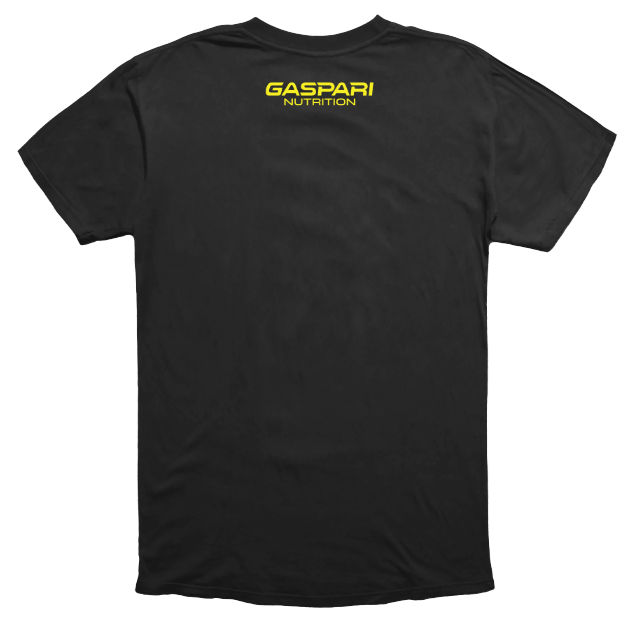 Back view of men's black 'Get Swole' t-shirt featuring 'Gaspari Nutrition' logo in yellow.