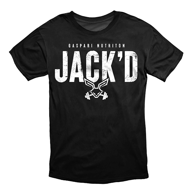 Black JACK'D T-shirt by Gaspari Nutrition featuring bold white text and a logo, crafted from high-quality fabric for durability and comfort.