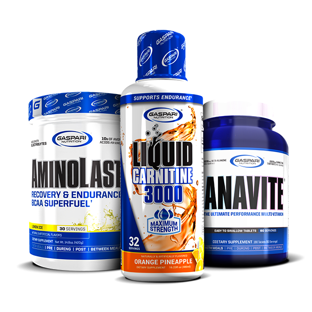 Kick Back & Burn Fat Stack featuring AminoLast BCAA Superfuel, Liquid Carnitine 3000, and Anavite Multi-Vitamin by Gaspari Nutrition. Beautifully displayed together with product labels showing flavor details.
